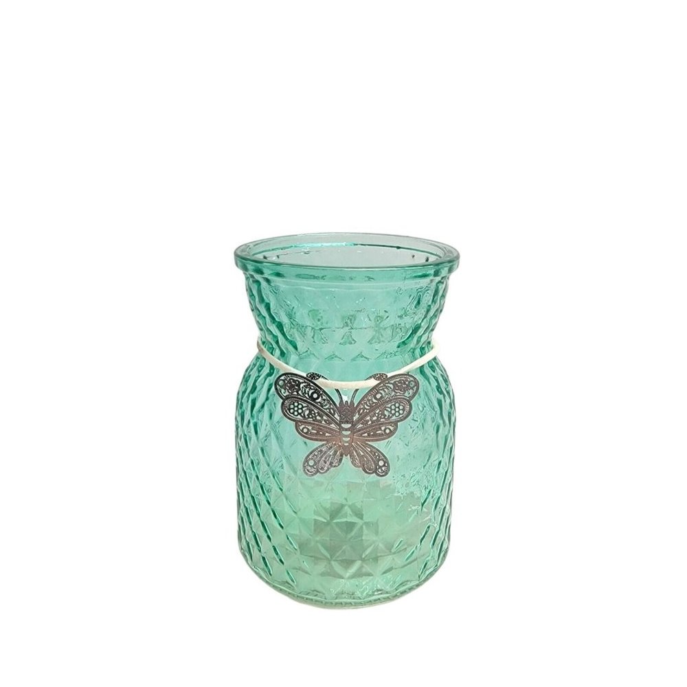 Vintage Green Glass 5 1/2" Tall Vase With Metal Butterfly Diamond Glass